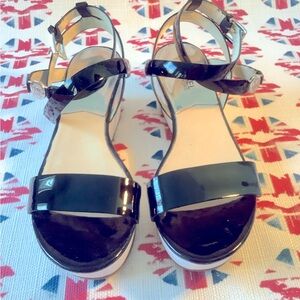 Michael Kors Black Patent Foam Ankle Strap Wedge Sandal